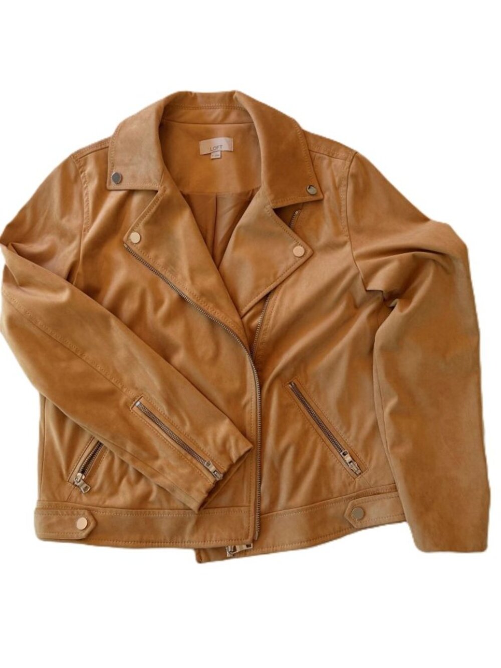 LOFT Tan Faux Suede Moto Jacket Medium Camel Zip Front Motorcycle Jacket